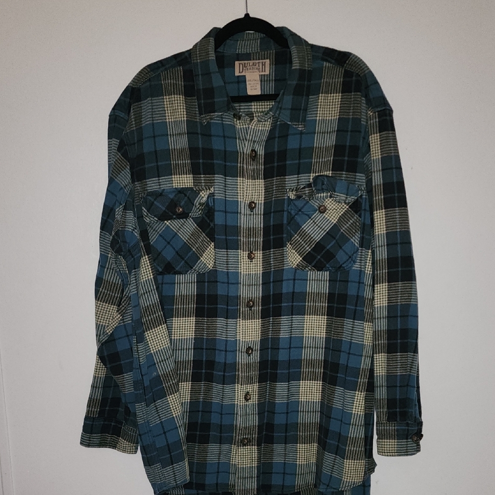 Duluth Trading Co Green and White Plaid Shirt